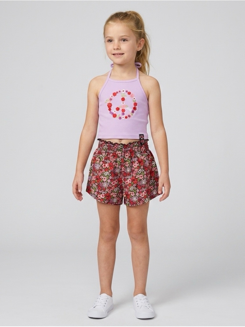 Girls Floral Elastic-Waist Shorts in Red Floral Print and Lilac Top Set
